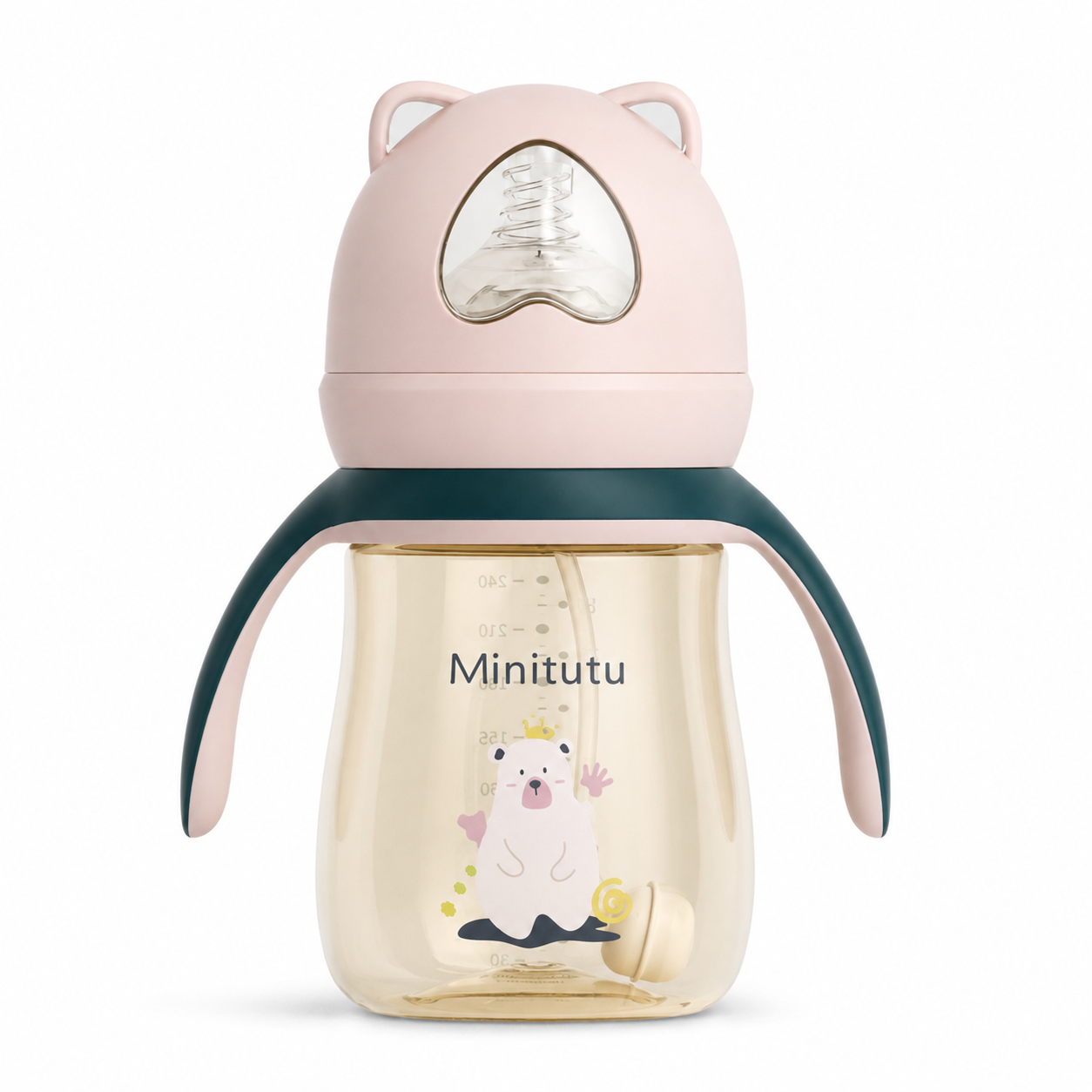 Minitutu Bear PPSU Feeding Bottle 240ml | BPA-Free Baby Bottle with Handles for 9+ Months | Pink CB805-2